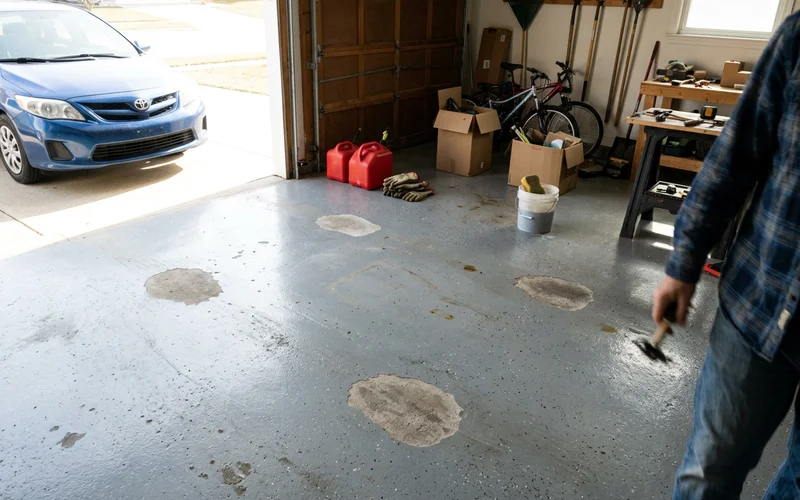 Bare patches shaped like tire contact points showing hot-tire pickup failure