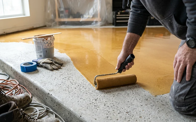 100% solids epoxy being back-rolled onto freshly diamond-ground concrete