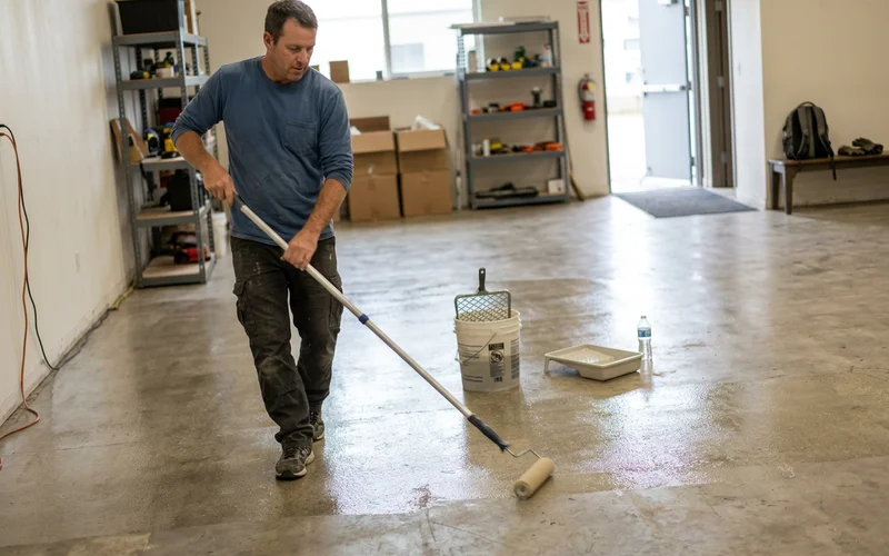 Crew member rolling the clear topcoat across the coated commercial floor