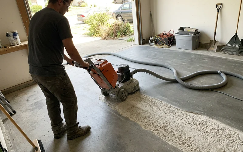 Diamond grinder cutting an open concrete profile across a garage slab