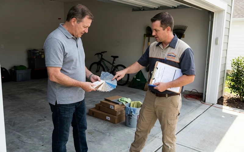 Homeowner and installer reviewing flake colour samples in daylight