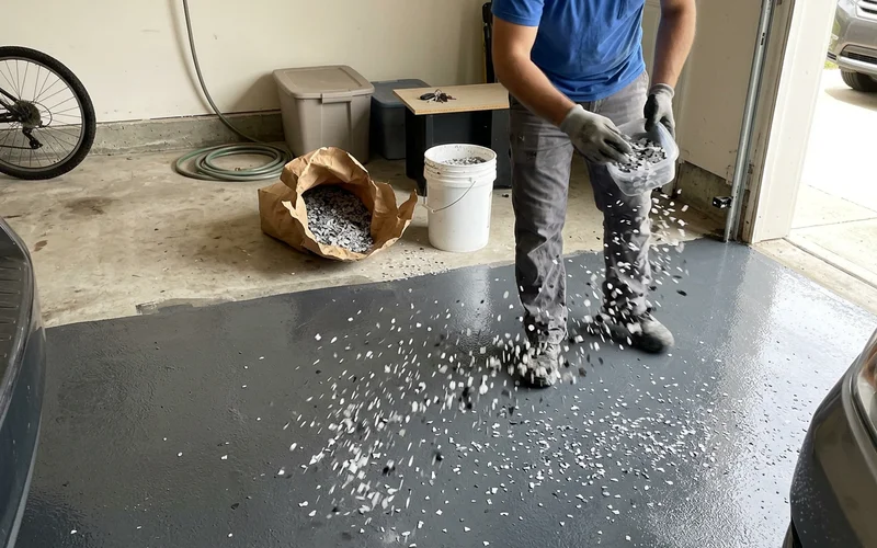 Installer hand-broadcasting vinyl flake across a wet epoxy base coat