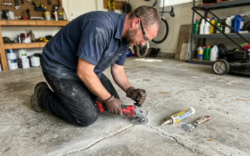Installer chasing and filling a crack in a garage slab during prep work
