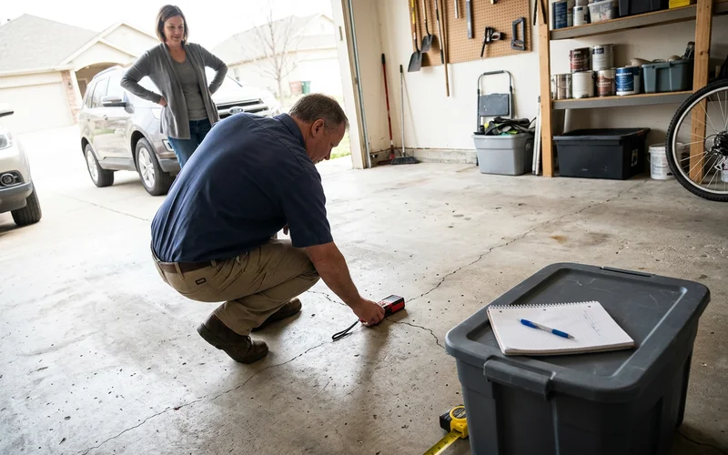 Installer measuring a garage slab during a free on-site consultation