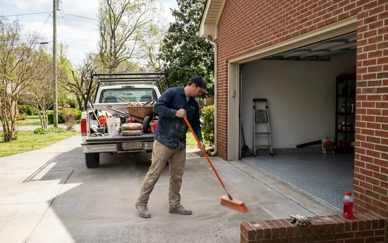 Installer sweeping a customer driveway at the end of a job