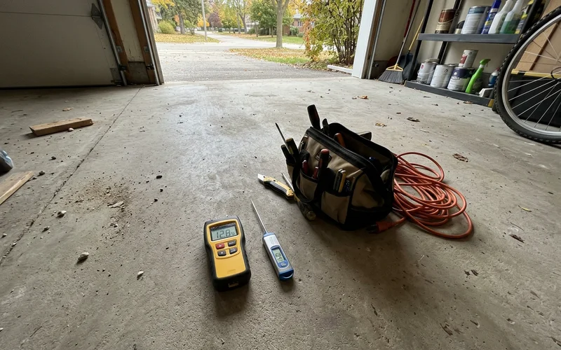 Thermometer and moisture meter on a garage slab during mild autumn conditions