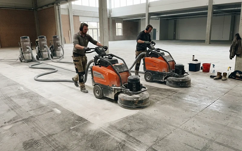 Two planetary grinders working in overlapping passes across the bare concrete floor
