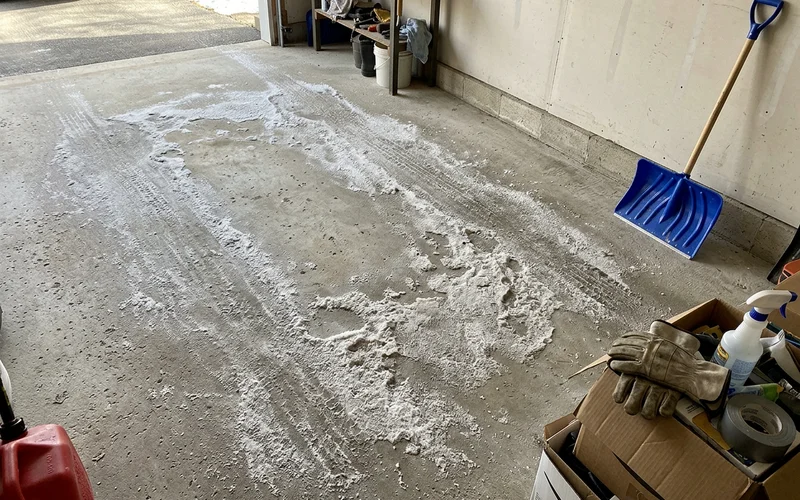 White road salt residue dried across a bare concrete garage floor