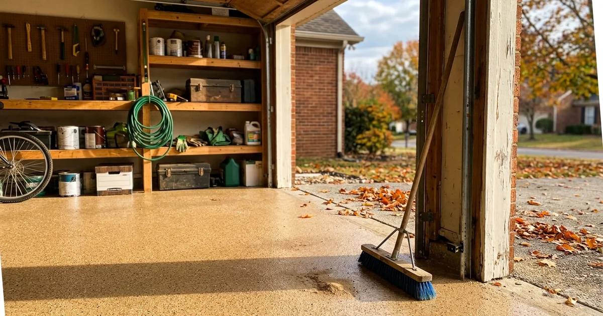 Autumn light falling across a freshly coated tan flake garage floor in Middle Tennessee