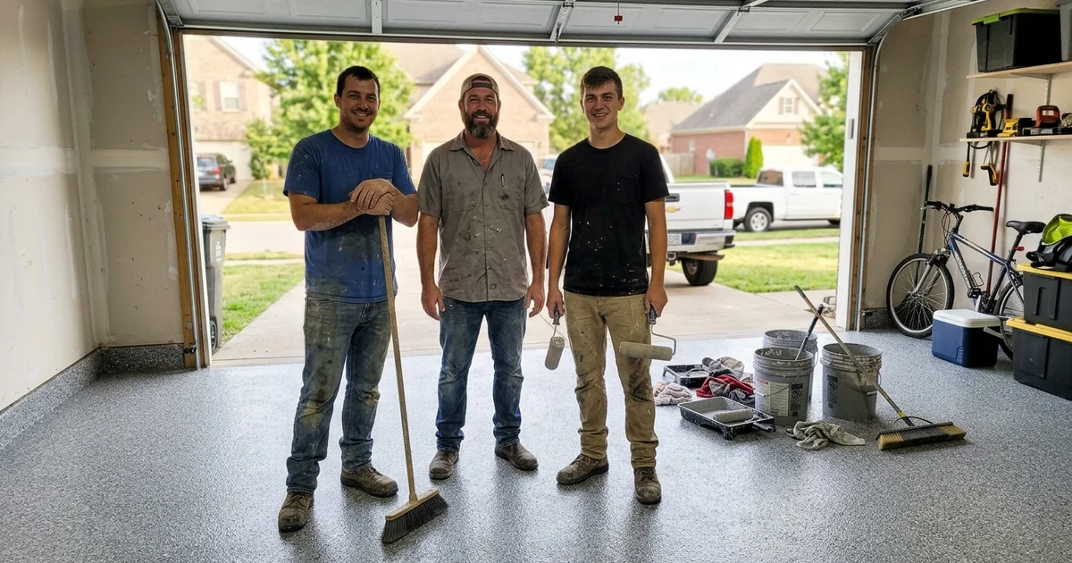 Spring Hill Epoxy crew standing on a completed flake garage floor in Spring Hill, Tennessee