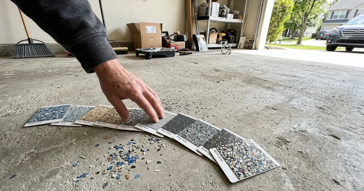 Fan of vinyl flake colour chip samples laid out on a garage floor slab in daylight