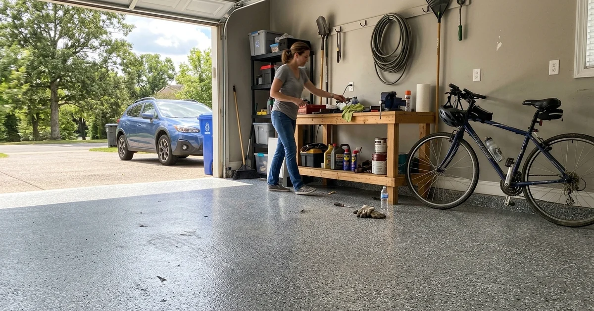 Finished grey flake epoxy floor in a two-car garage in Williamson County, Tennessee