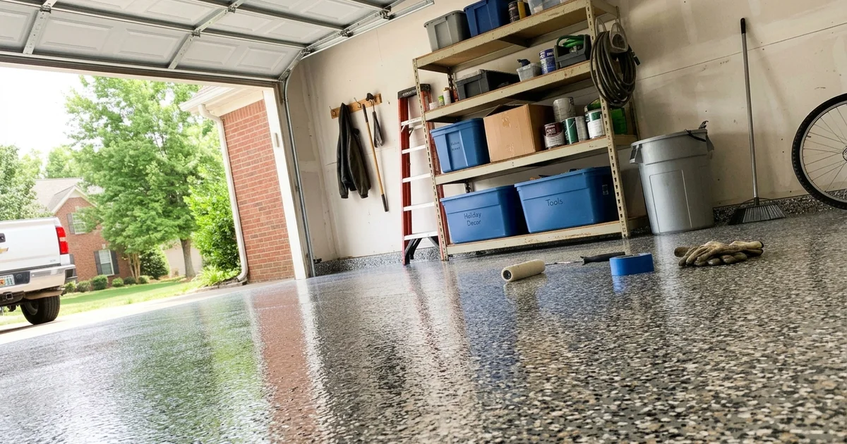 Freshly coated flake epoxy garage floor in a Middle Tennessee home, lit by daylight from the open garage door