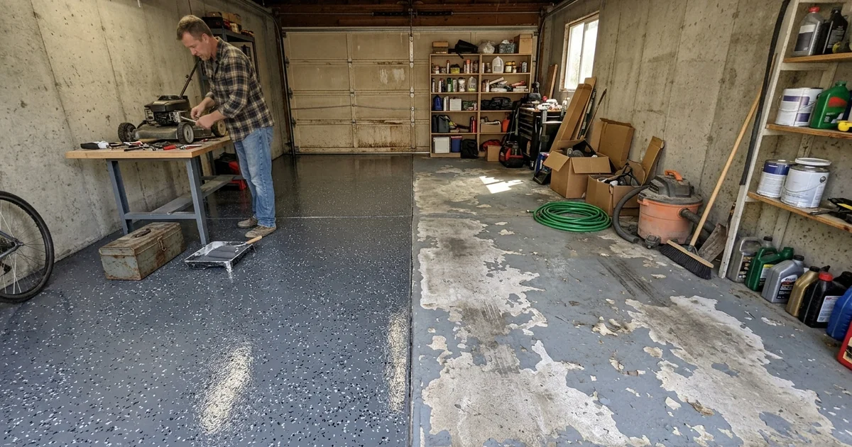 Peeling DIY garage floor paint alongside a glossy professionally coated epoxy floor
