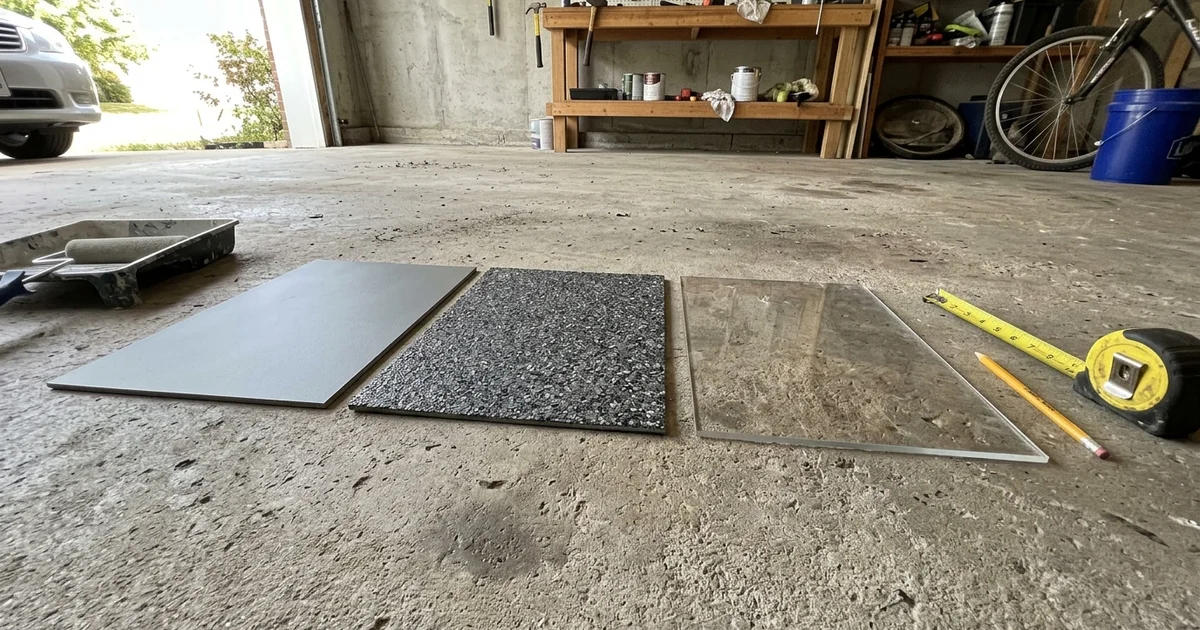Three garage floor coating finish samples laid side by side on a concrete slab in daylight