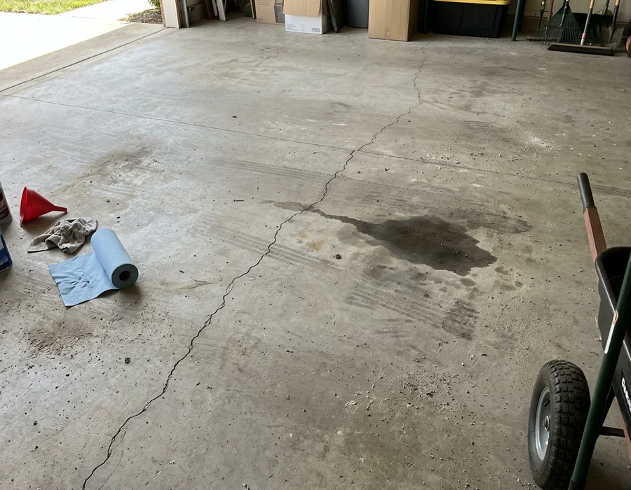 Oil-stained garage slab before grinding