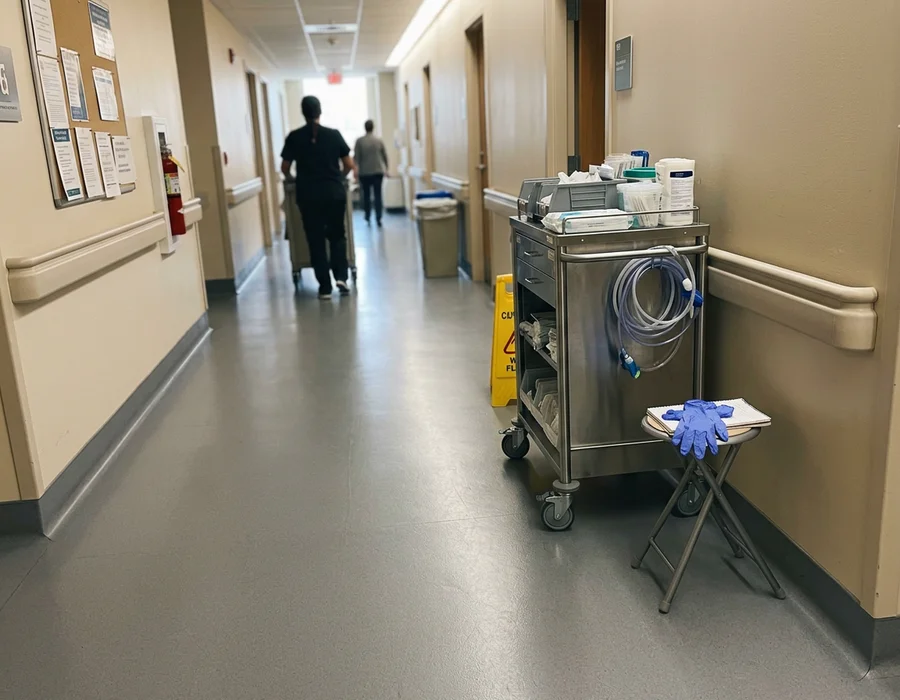 Seamless healthcare corridor floor with coved edges