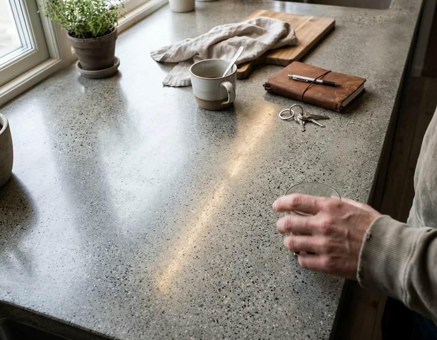 Close-up of polished concrete showing aggregate exposure