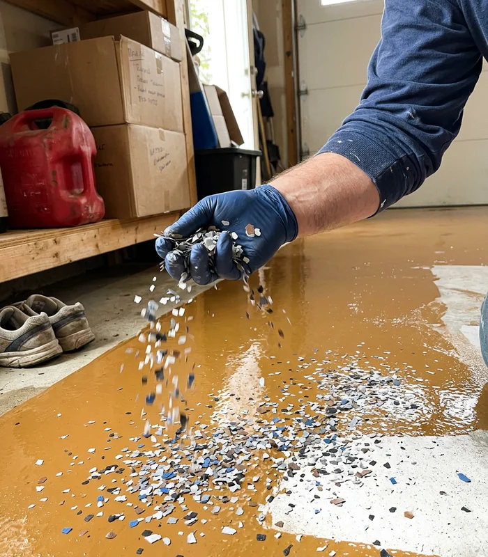Vinyl flake being broadcast by hand into a wet epoxy base coat