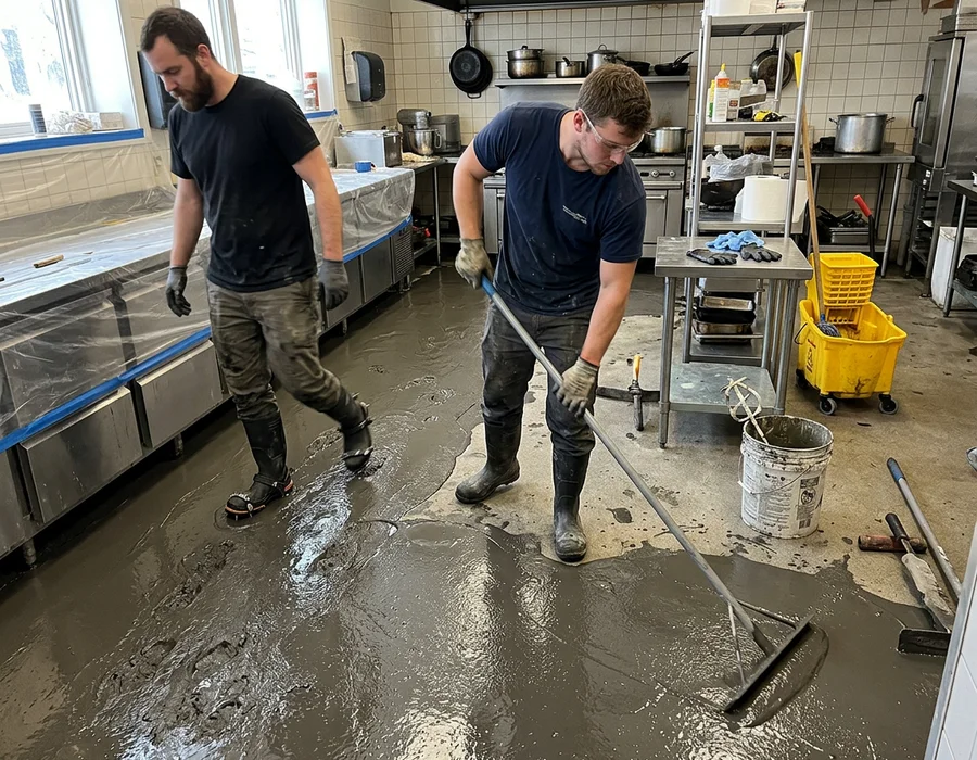 Crew applying urethane cement slurry across a commercial kitchen floor