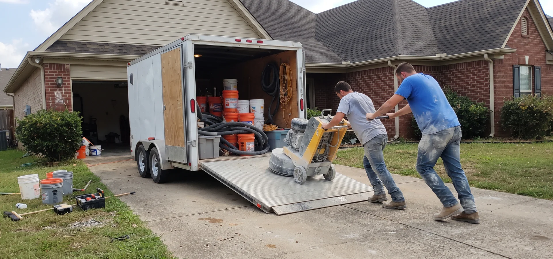 Spring Hill Epoxy crew loading a planetary grinder into a work trailer