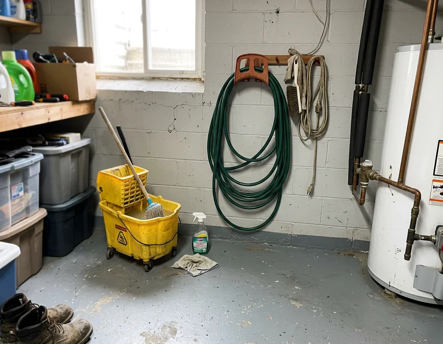 Finished basement utility area with coated floor