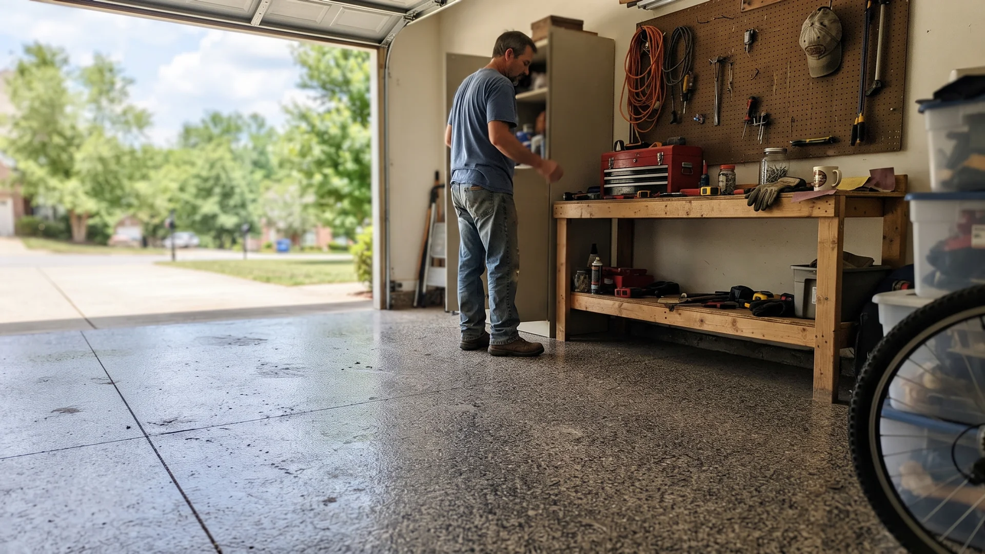 Finished charcoal and tan flake epoxy floor in a Spring Hill two-car garage