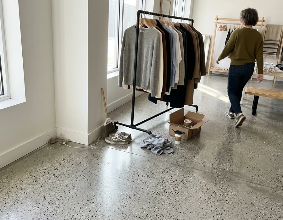 Finished salt-and-pepper polished concrete floor in a showroom