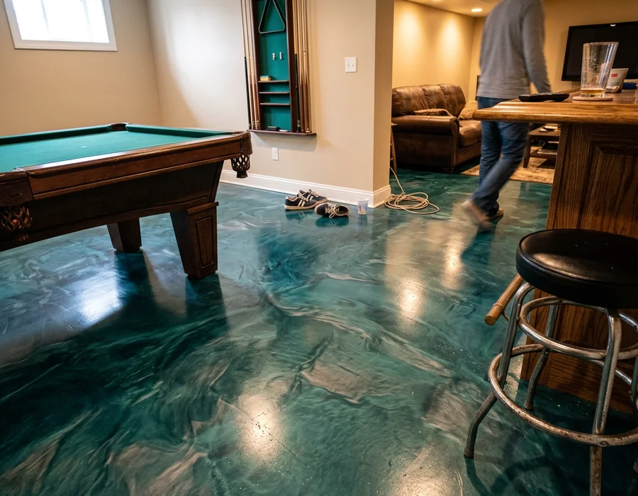 Finished teal and silver metallic basement floor with 3D marbling