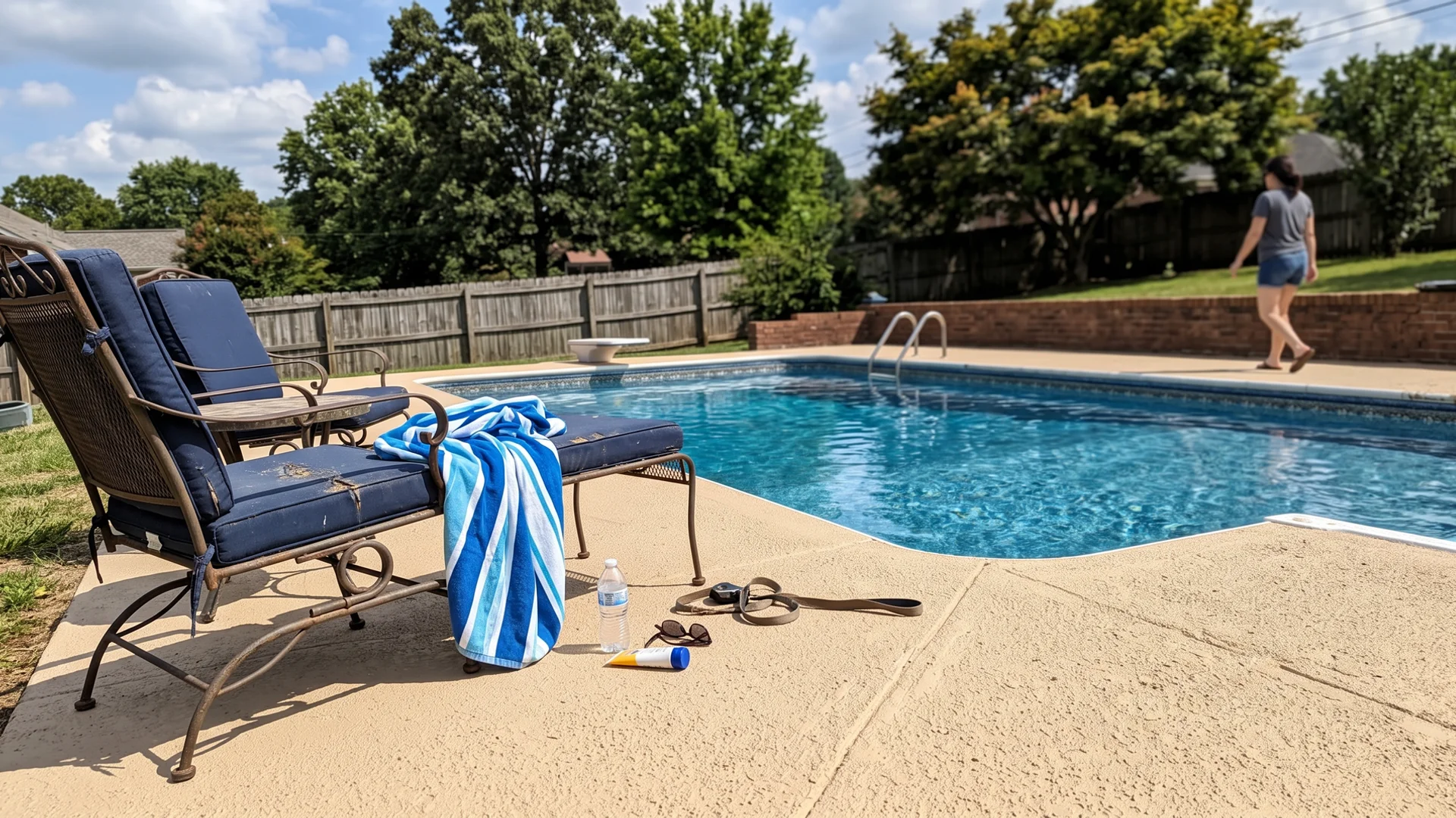Finished textured pool deck coating around a backyard pool in Middle Tennessee