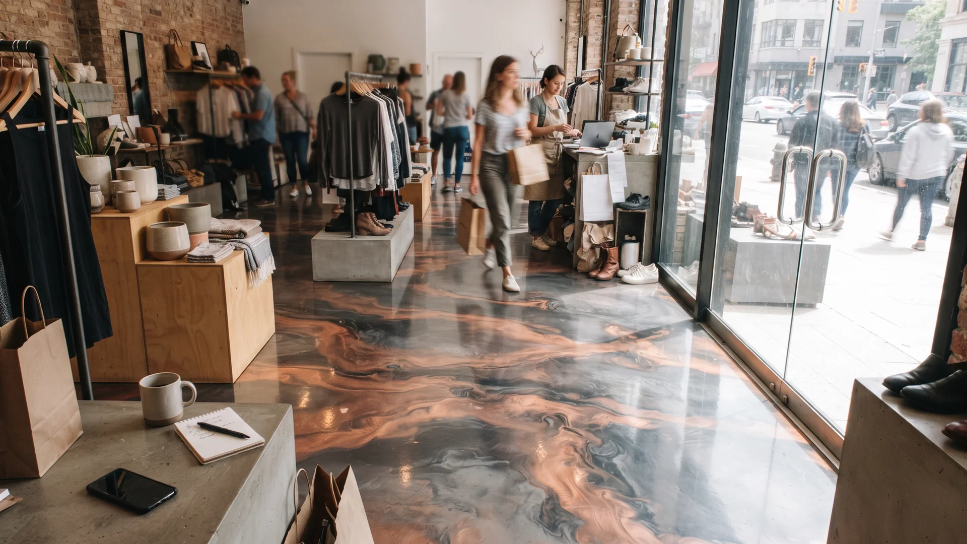 Glossy copper and charcoal metallic epoxy floor with marble-like veining in a showroom