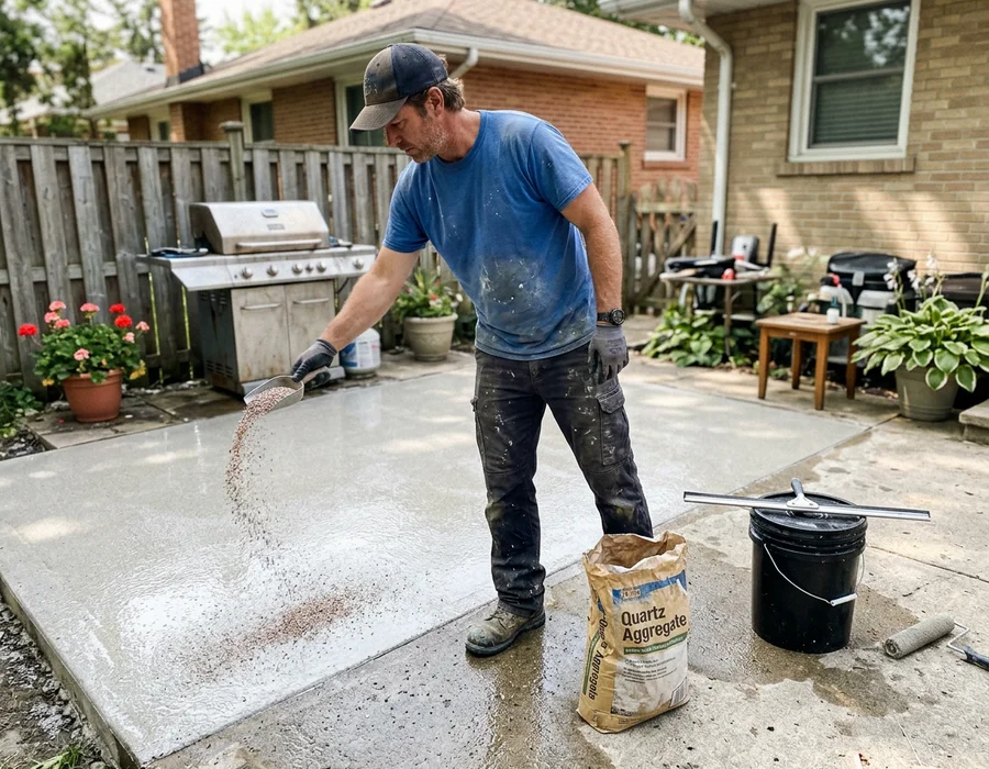 Installer broadcasting quartz aggregate into a wet polyurea basecoat on a patio