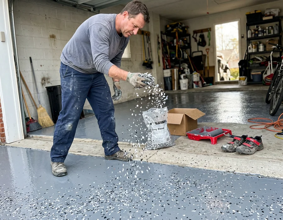 Installer broadcasting vinyl flake into a wet epoxy base coat in a garage