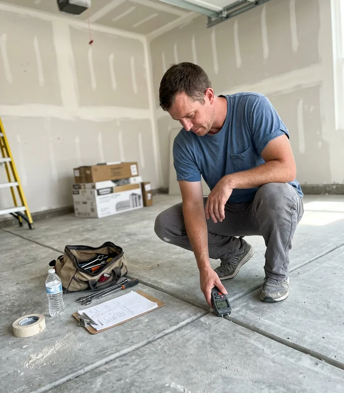 Installer checking a slab with a moisture meter in a newly built suburban garage