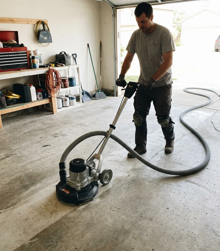 Installer running a planetary diamond grinder across a bare concrete garage slab
