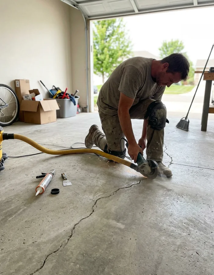 Installer chasing a crack in a garage slab with a hand grinder