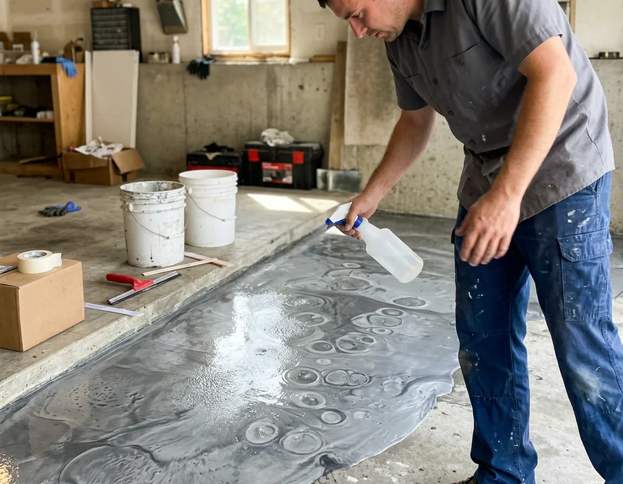 Installer misting a wet metallic epoxy pour to open up the marbling pattern