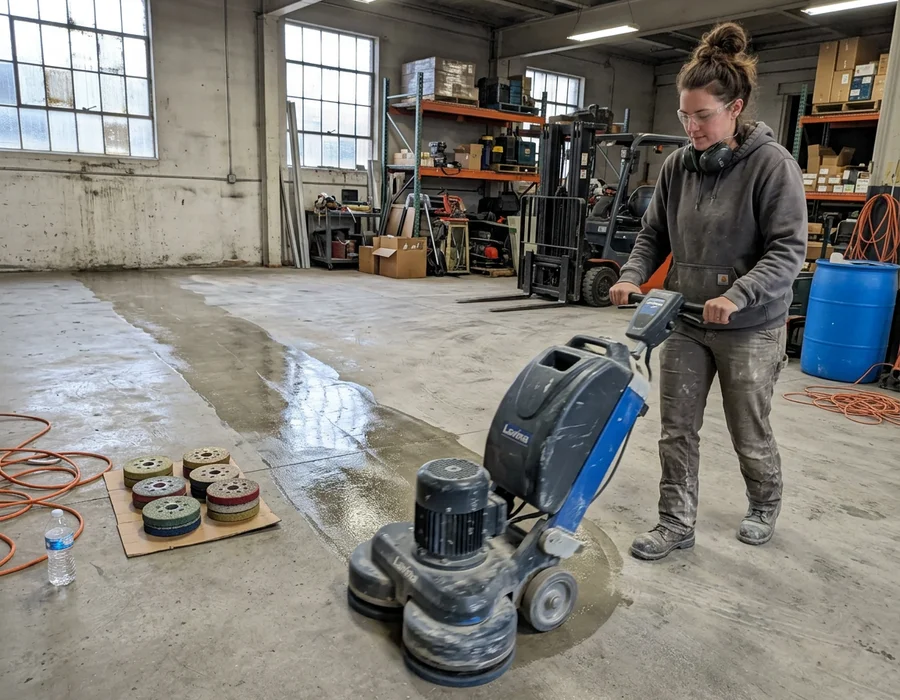 Operator running a planetary polisher across a concrete slab