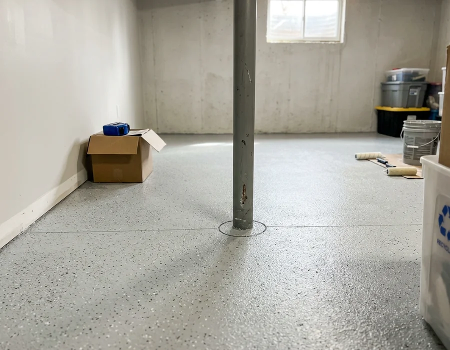 Seamless light grey flake basement floor finished wall to wall