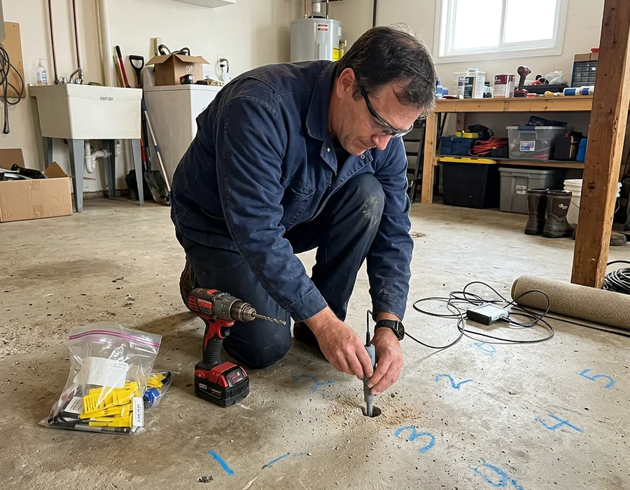 Technician running a moisture test on a basement slab before coating
