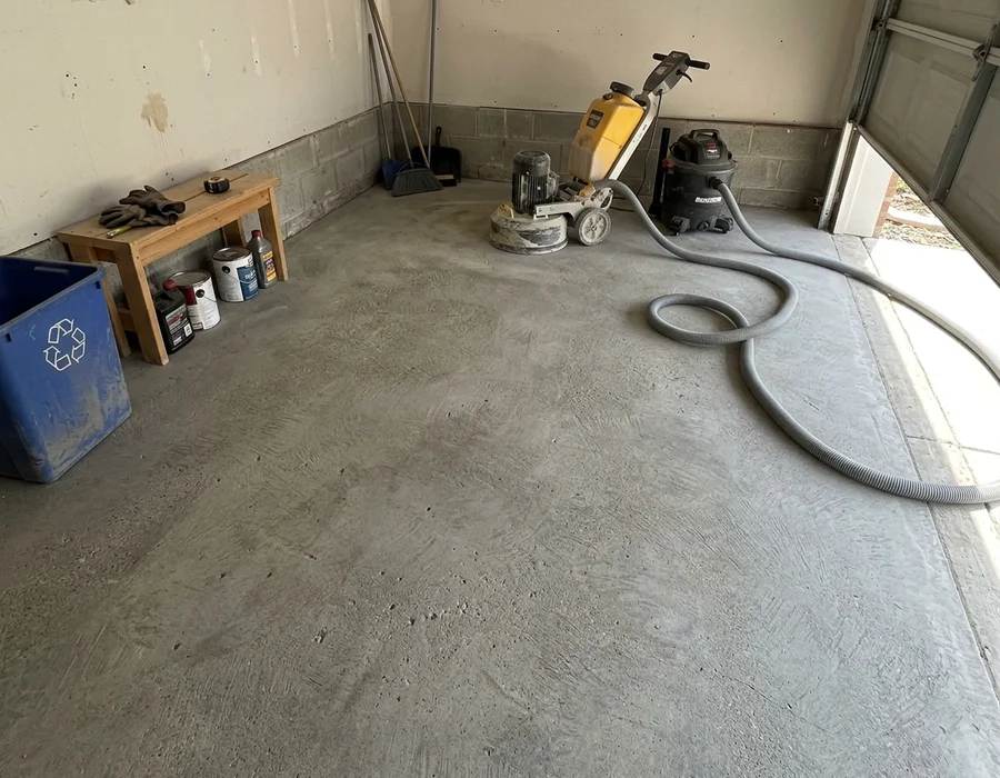 Garage slab after diamond grinding, ready for primer