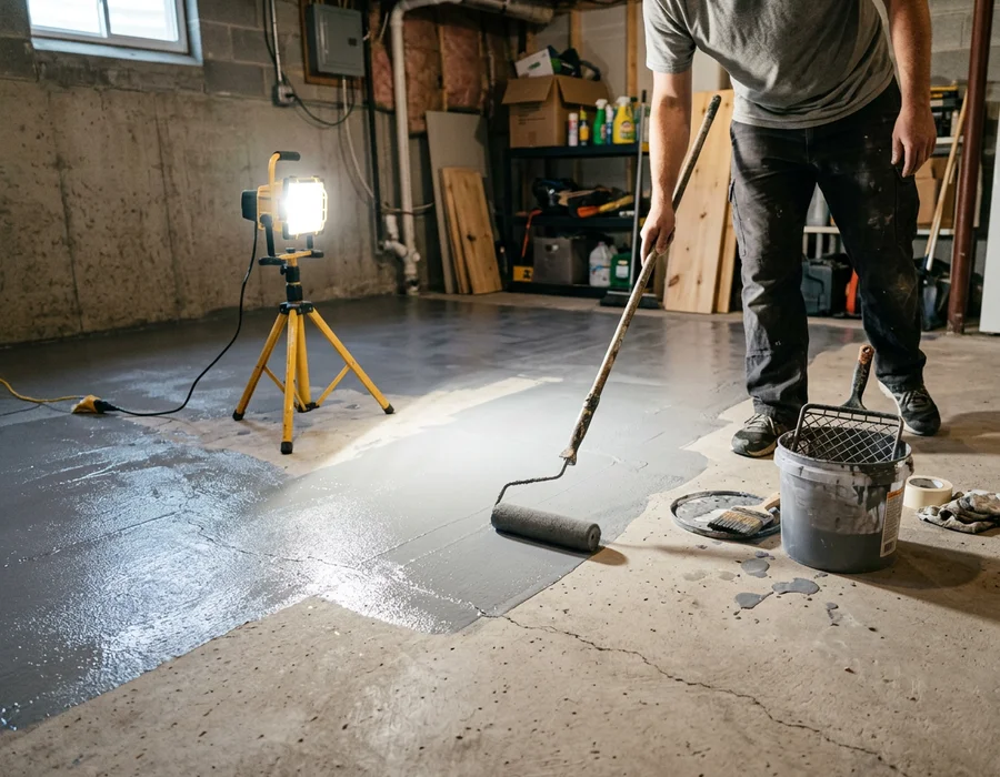 Vapor-barrier primer being rolled onto a prepared basement slab