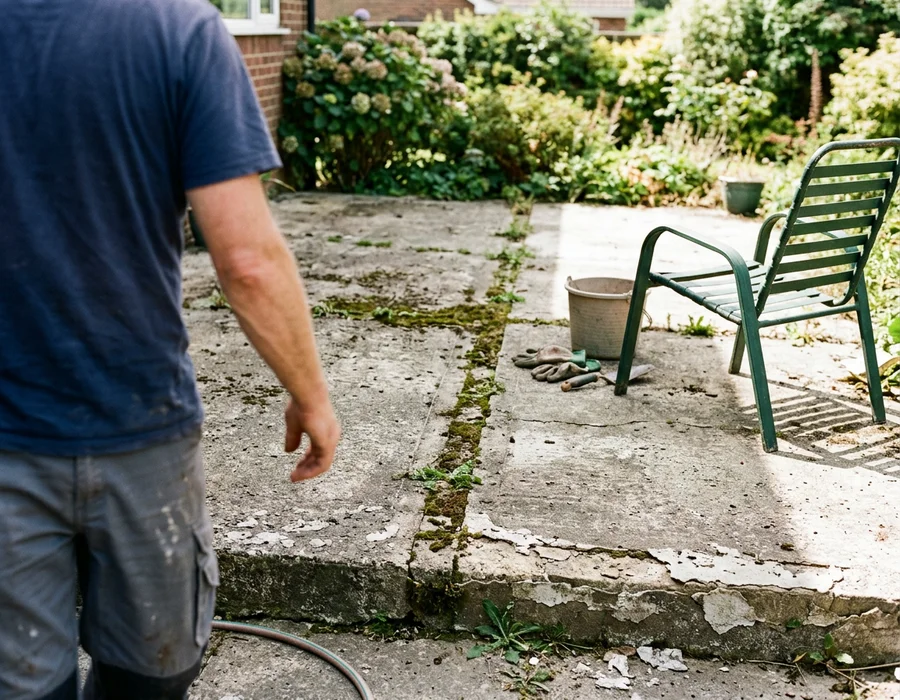 Weathered, cracked patio concrete before coating