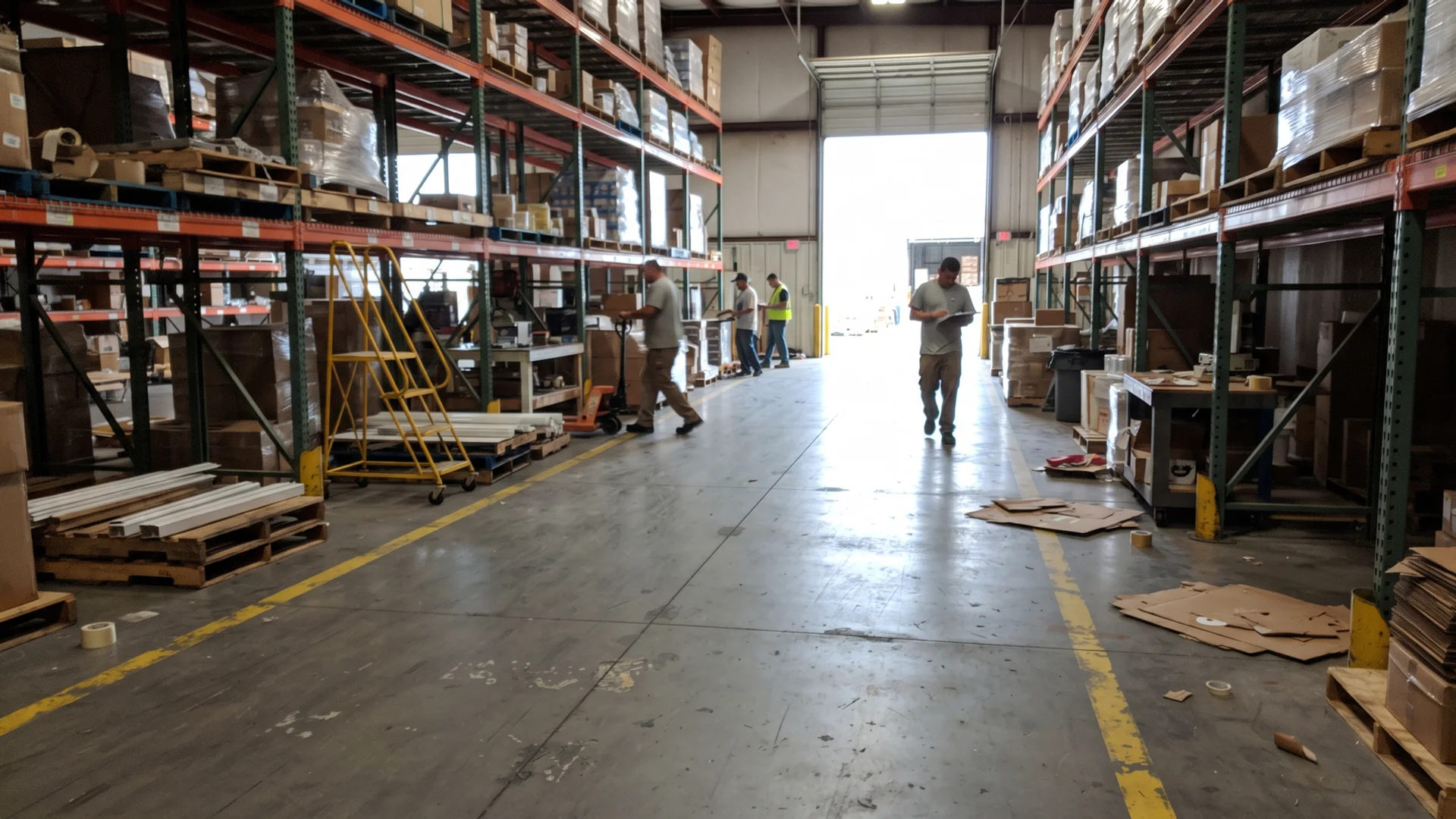 Finished grey epoxy warehouse floor with yellow safety striping and pallet racking