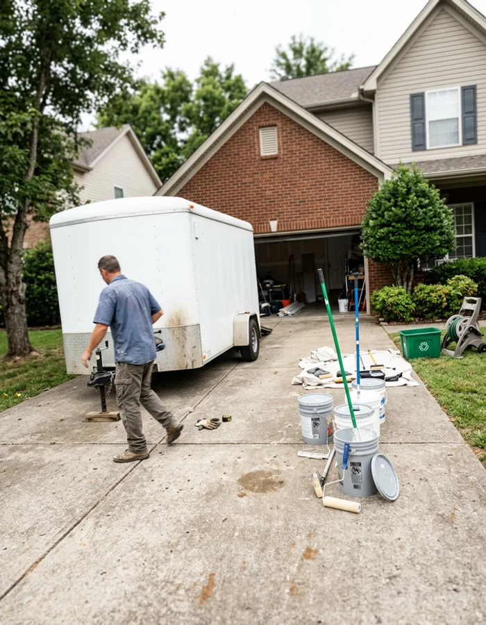 Work trailer and tools staged in a driveway before a job