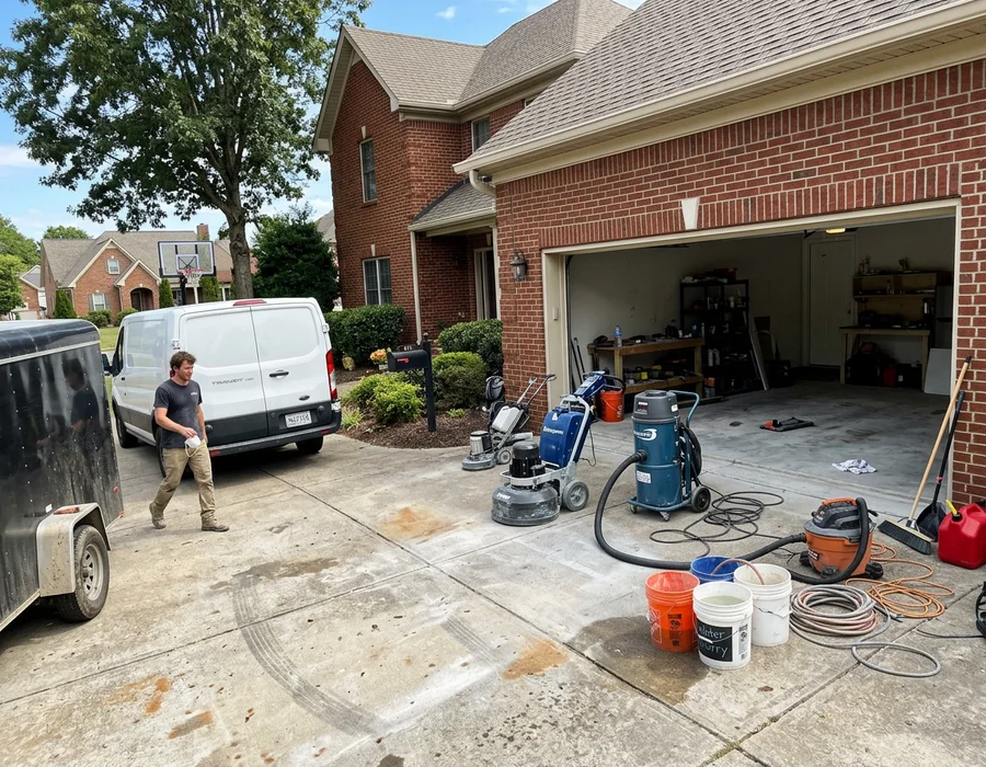 Spring Hill Epoxy work van parked at a Middle Tennessee home with grinding equipment staged in the driveway