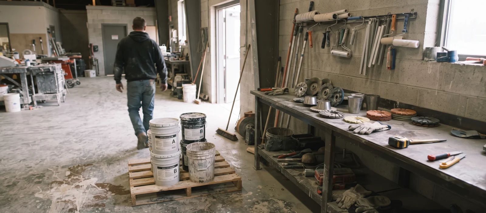 Spring Hill Epoxy workshop with resin buckets, grinding heads, and rollers on shelving
