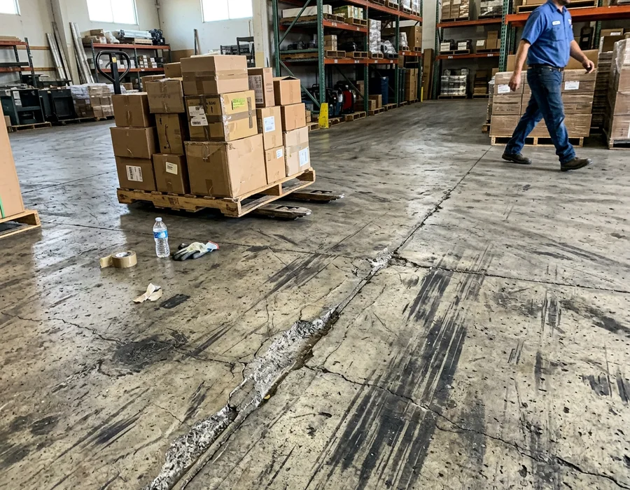 Worn, forklift-damaged warehouse concrete before resurfacing